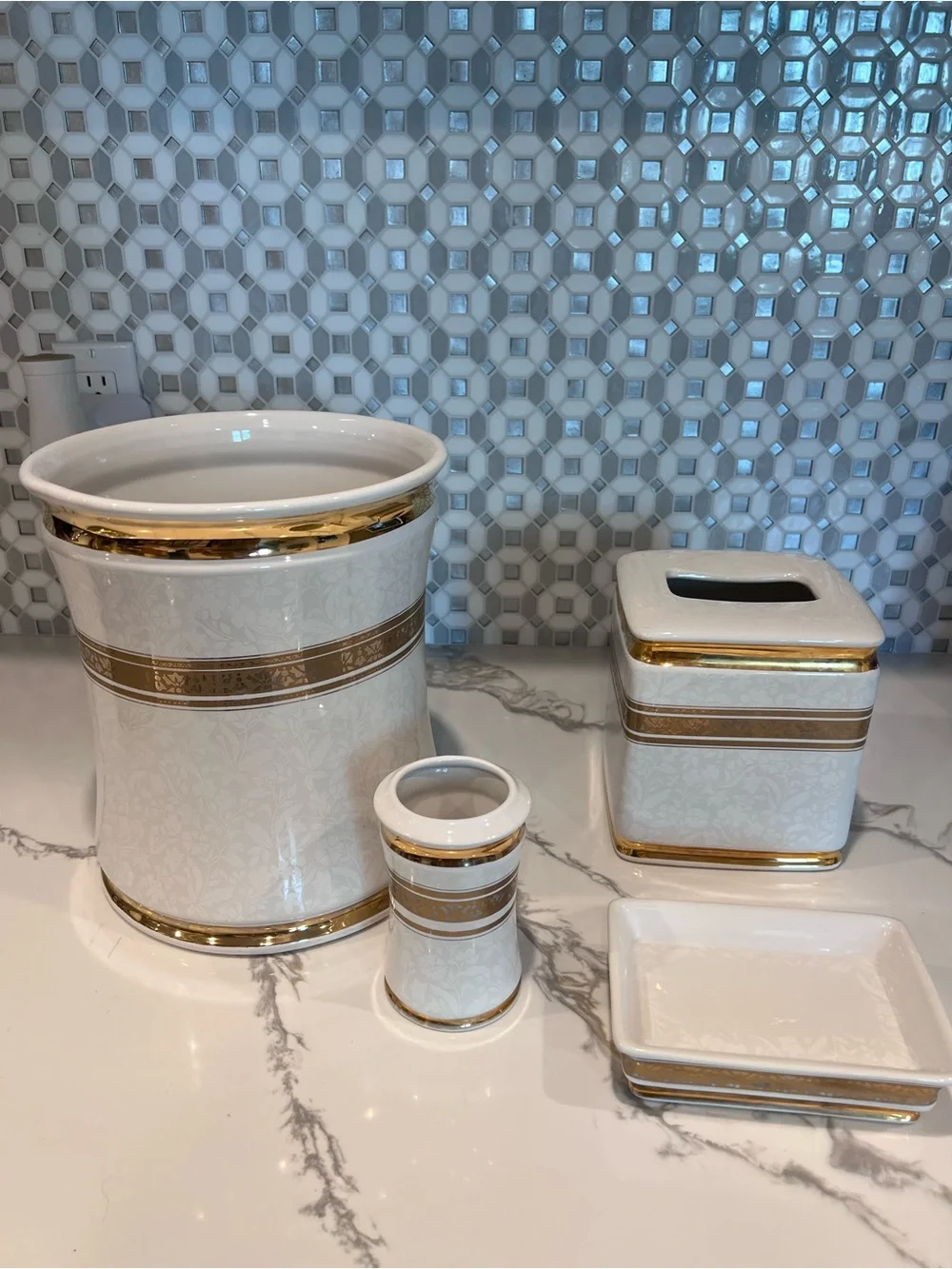 Vintage Creative Bath Products 4 pc Set Ceramic White Floral W/ 22k Gold Trim